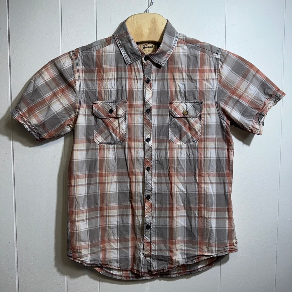 Jeremiah Mens Short Sleeve Plaid Button‎ Down Shirt Rust Grey Cotton Size M